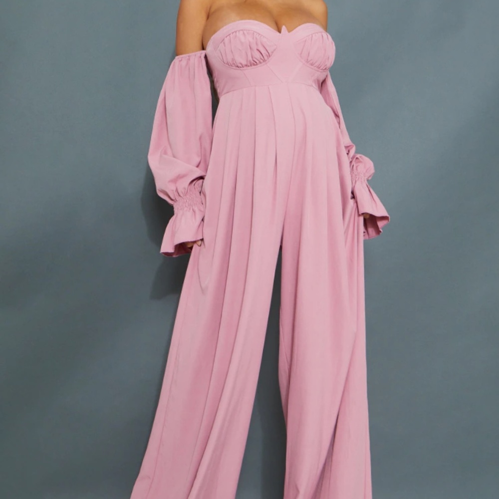 Maternity Pink Corset Detail Bardot Wide Leg Jumpsuit